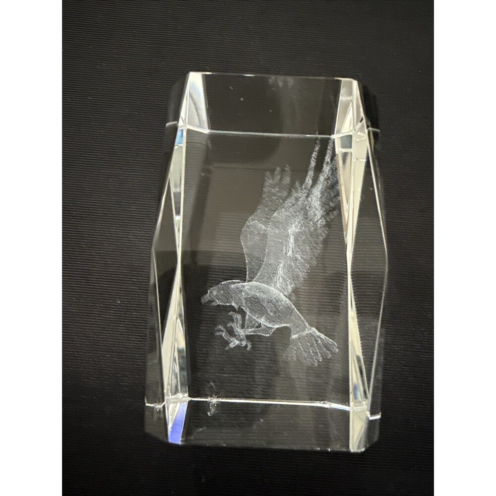 American Bald Eagle Crystal Art Glass Desk Office Paperweight Etched Clear